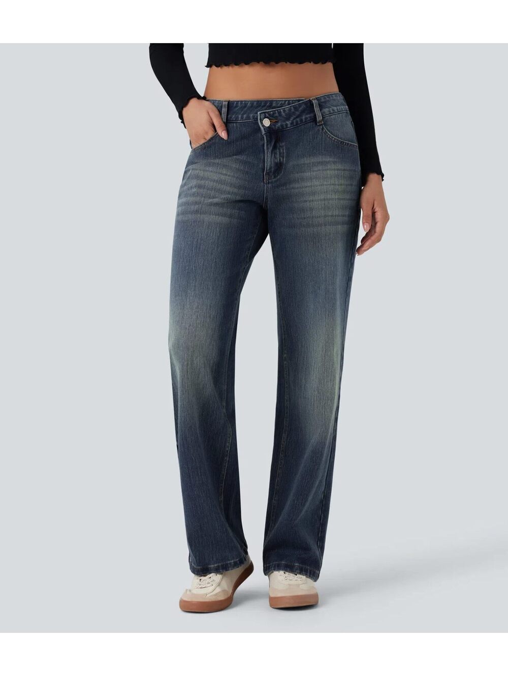 Halara Flex Asymmetric Low Rise Straight Leg Casual Jeans with Pockets L reg
